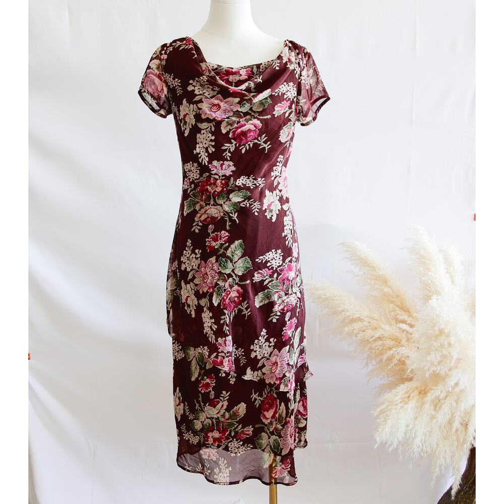 Connected Apparel Floral Midi Dress - Burgundy and Pink